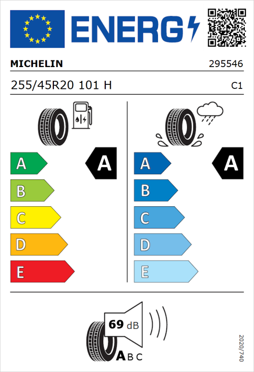 Tyre Label for Michelin Primacy 5 Energy 255/45R20 101H